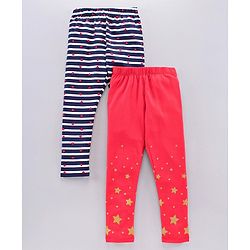 Pine Kids Ankle Length Organic Cotton And Biowash Leggings Star Print Pack of 2 - Pink Navy