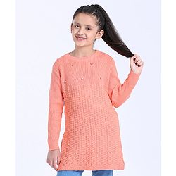 Pine Kids Full Sleeve Knee Length Dress Solid Color - Peach