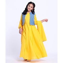 Pine Kids Full Sleeves Ethnic Kurti and Sequined Jacket with Dupatta - Yellow