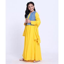 Pine Kids Full Sleeves Ethnic Kurti and Sequined Jacket with Dupatta - Yellow
