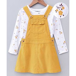 Pine Kids Bio Washed Floral Full Sleeves Tee with Dungaree Style frock - Yellow