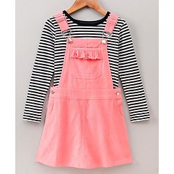 Pine Kids Bio Washed Striper Full Sleeves Tee with Dungaree Style Frock - Pink
