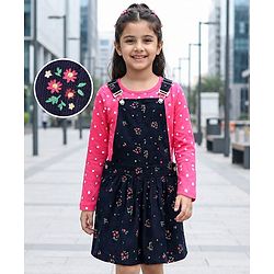 Pine Kids Bio Washed Polka dot Full Sleeves Tee with Dungaree Style Frock - Blue