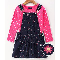 Pine Kids Bio Washed Polka dot Full Sleeves Tee with Dungaree Style Frock - Blue