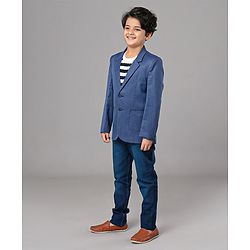 Pine Kids 100% Cotton Lycra Woven Full Sleeves Solid 3 Piece Party Suit With Striped Inner Tee - Blue