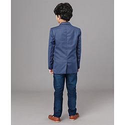 Pine Kids 100% Cotton Lycra Woven Full Sleeves Solid 3 Piece Party Suit With Striped Inner Tee - Blue