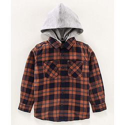 Pine Kids Full sleeves Hooded Indigo Checked Shirt - Brown