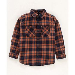 Pine Kids Full sleeves Hooded Indigo Checked Shirt - Brown