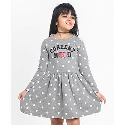 Pine Kids Full Sleeves Biowash Polka Dot Frock Current Mood Print - Grey