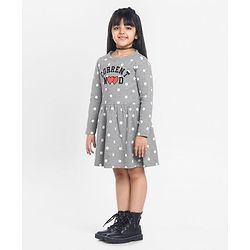 Pine Kids Full Sleeves Biowash Polka Dot Frock Current Mood Print - Grey