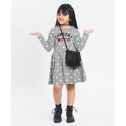 Pine Kids Full Sleeves Biowash Polka Dot Frock Current Mood Print - Grey