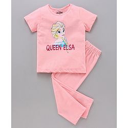 Pine Kids Half Sleeves Bio Washed T-Shirt & Capri Set Elsa Graphic - Pink