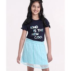 Pine Kids Half Sleeves Top & Skirt Set Text Print - Blue