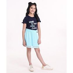 Pine Kids Half Sleeves Top & Skirt Set Text Print - Blue