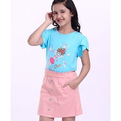 Pine Kids Half Sleeves Top & Skirt Cartoon Graphic - Pink & Blue