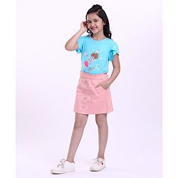 Pine Kids Half Sleeves Top & Skirt Cartoon Graphic - Pink & Blue