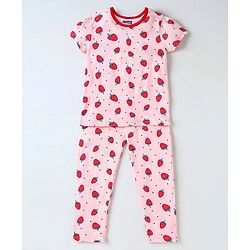 Pine Kids Biowashed Half Sleeves Top & Pyjama Pants Set Strawberry Print - Pink