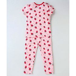 Pine Kids Biowashed Half Sleeves Top & Pyjama Pants Set Strawberry Print - Pink