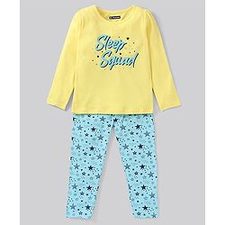 Pine Kids Biowashed Full Sleeves Top and Pyjama Pants Set Star Print - Blue Yellow