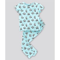 Pine Kids Biowashed Half Sleeves Top & Pyjama Pants Set Panda Print- Blue