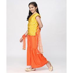 Pine Kids Half Sleeves Embroidered Top with Sharara and Dupatta - Orange Yellow