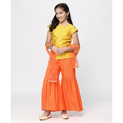 Pine Kids Half Sleeves Embroidered Top with Sharara and Dupatta - Orange Yellow