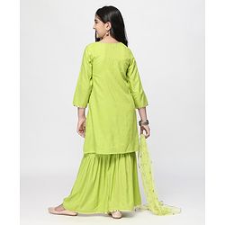 Pine Kids Three Fourth Sleeves  Angarkha with Sharara and Dupatta - Green