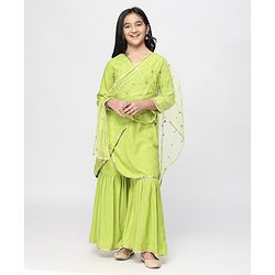 Pine Kids Three Fourth Sleeves  Angarkha with Sharara and Dupatta - Green