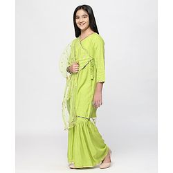 Pine Kids Three Fourth Sleeves  Angarkha with Sharara and Dupatta - Green