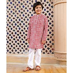 Pine Kids Full Sleeves Printed Kurta Pyjama Set - Red White