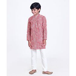 Pine Kids Full Sleeves Printed Kurta Pyjama Set - Red White