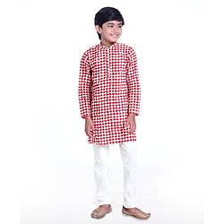 Pine Kids Full Sleeves Printed Kurta Pyjama Set - Red White