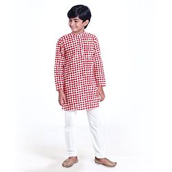 Pine Kids Full Sleeves Printed Kurta Pyjama Set - Red White