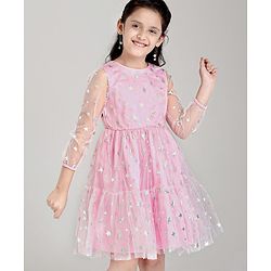 Pine Kids Full Sleeves Party Frock Star Foil Print - Pink