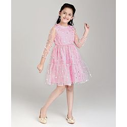 Pine Kids Full Sleeves Party Frock Star Foil Print - Pink
