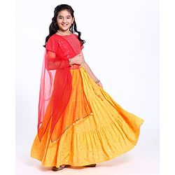 Pine Kids Short Sleeves Sequin Embroidered Choli & Lehenga With Net Duptta - Red Yellow