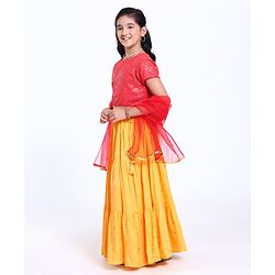 Pine Kids Short Sleeves Sequin Embroidered Choli & Lehenga With Net Duptta - Red Yellow