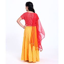 Pine Kids Short Sleeves Sequin Embroidered Choli & Lehenga With Net Duptta - Red Yellow
