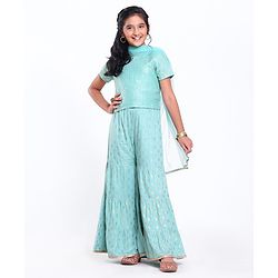 Pine Kids Sequin Choli & Gold Print Sharara with Dupatta - Blue