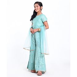 Pine Kids Sequin Choli & Gold Print Sharara with Dupatta - Blue