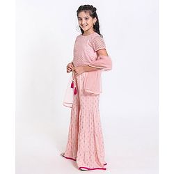 Pine Kids Sequin Choli & Gold Print Sharara with Dupatta - Peach