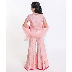 Pine Kids Sequin Choli & Gold Print Sharara with Dupatta - Peach