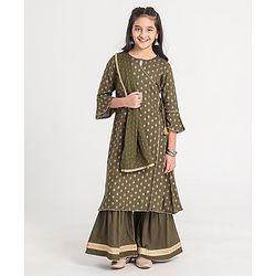 Pine Kids Three Fourth Sleeves Kurti and Sharara Set with Cotton Crushed Dupatta Glitter Print - Green