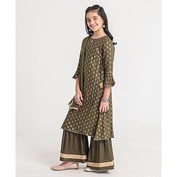 Pine Kids Three Fourth Sleeves Kurti and Sharara Set with Cotton Crushed Dupatta Glitter Print - Green