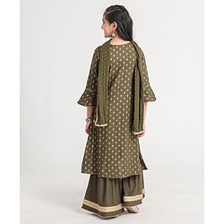 Pine Kids Three Fourth Sleeves Kurti and Sharara Set with Cotton Crushed Dupatta Glitter Print - Green