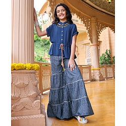 Pine Kids Indigo Top With Waist Tie Up & Palazzo - Blue