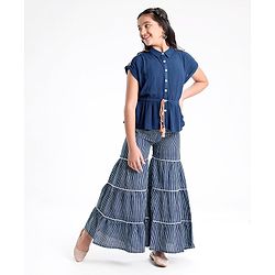 Pine Kids Indigo Top With Waist Tie Up & Palazzo - Blue