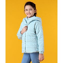 Pine Kids Woven Full Sleeves Padded Hooded Jacket with Heart Print - Light Blue
