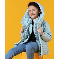 Pine Kids Woven Full Sleeves Padded Hooded Jacket with Heart Print - Light Blue