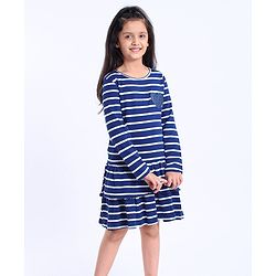 Pine Kids Full Sleeves Bio Washed Frock Heart Badge - Blue